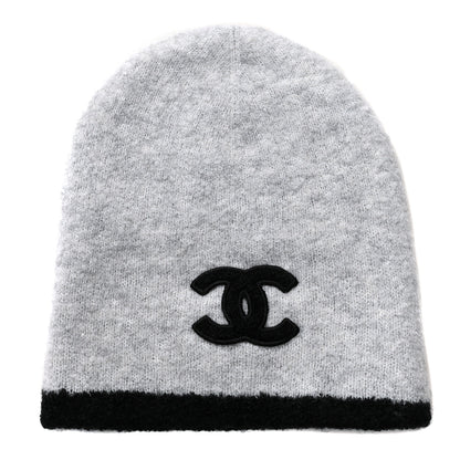 Chanel Cashmere Silk CC Beanie Hat Grey Black 1 of 5
