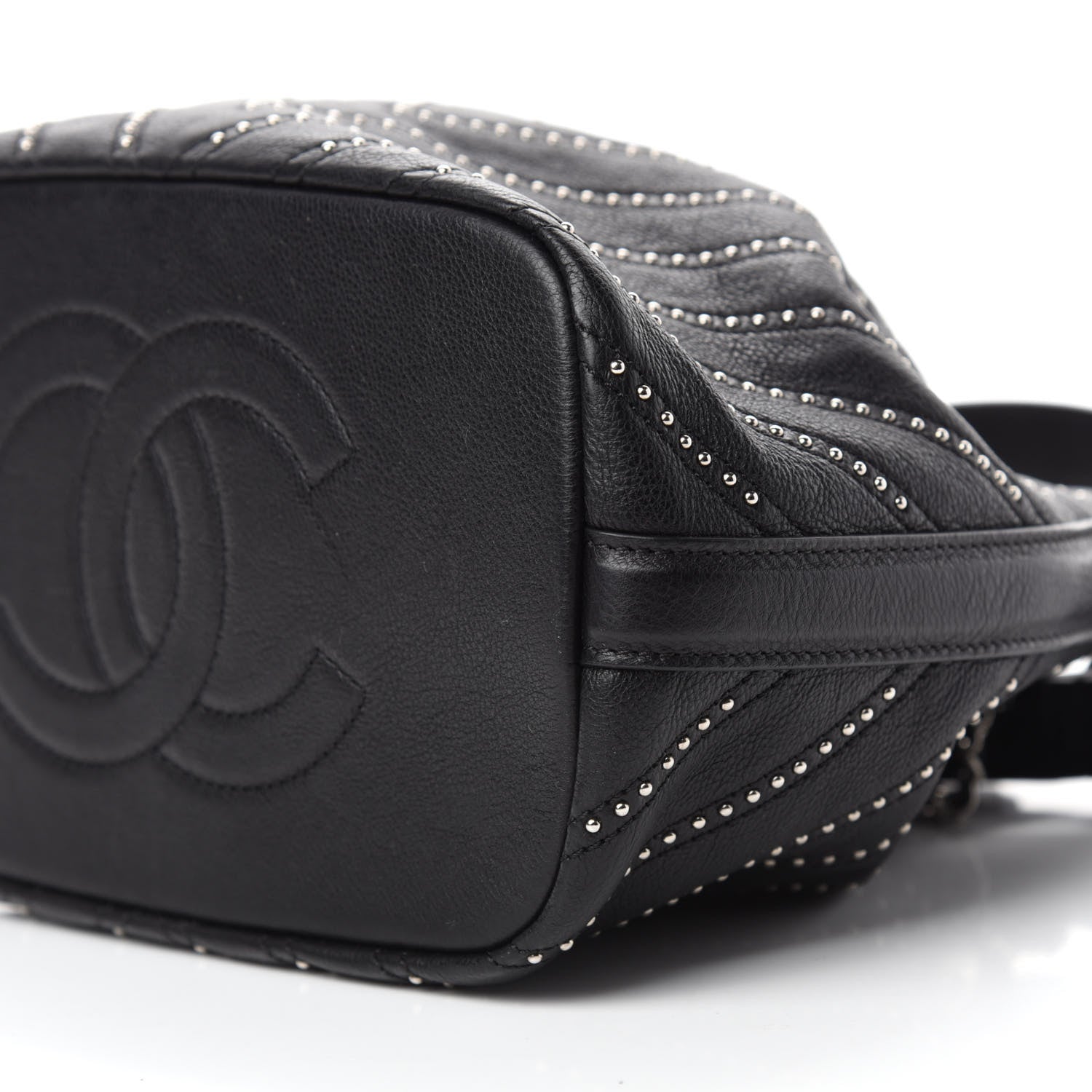Chanel Calfskin Studded Chevron Quilted Stud Wars Drawstring Bag Black 7 of 10