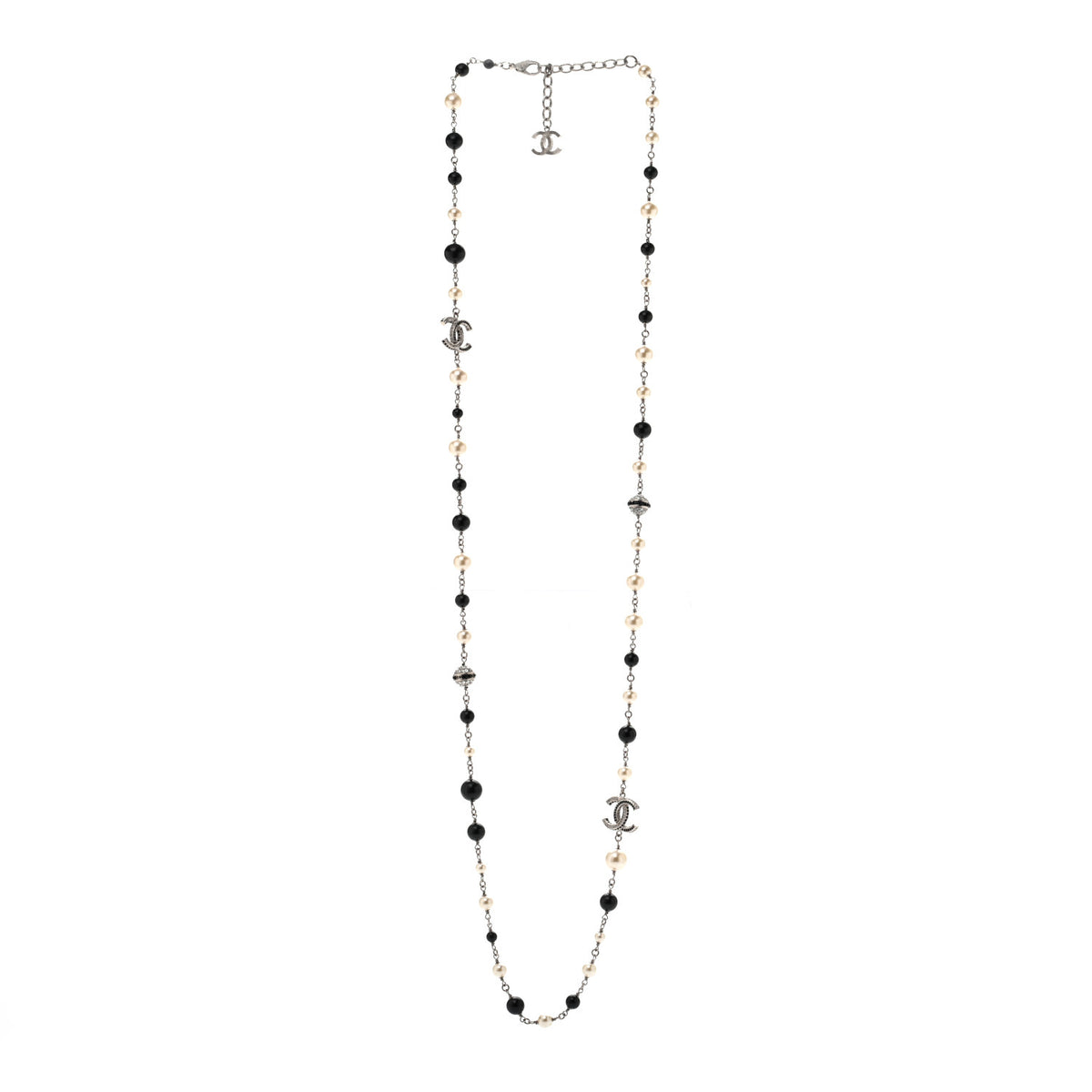 Metal Pearl Crystal Bead CC Long Necklace Silver Black