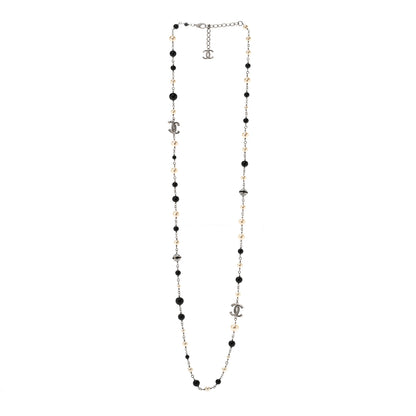 Chanel Metal Pearl Crystal Bead CC Long Necklace Silver Black 3 of 5