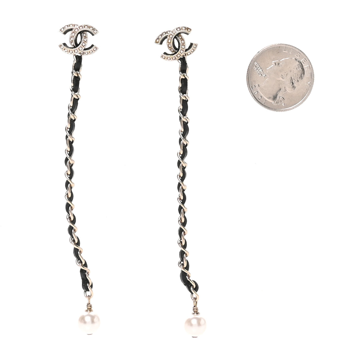 Chanel Lambskin Chain Crystal Pearl CC Drop Earrings Gold 2 of 4