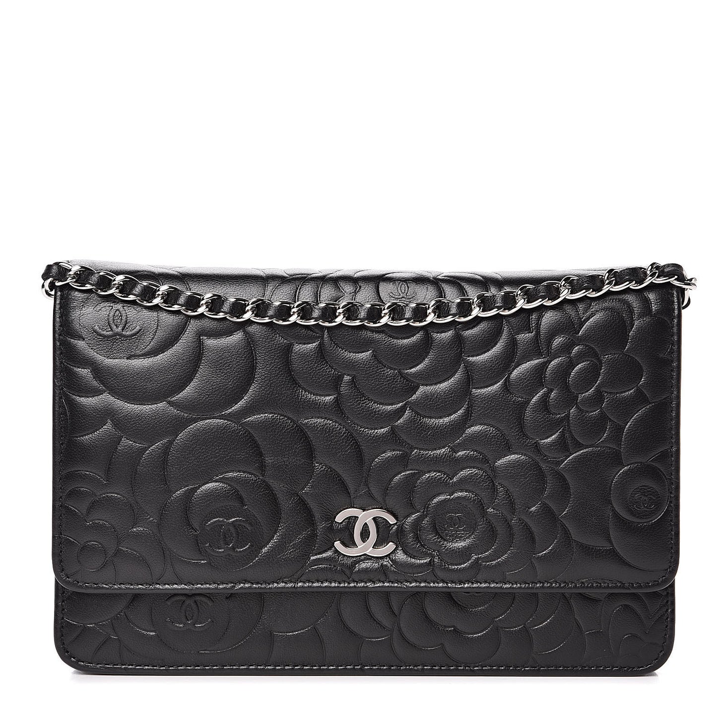 Lambskin Camellia Embossed Wallet on Chain WOC Black