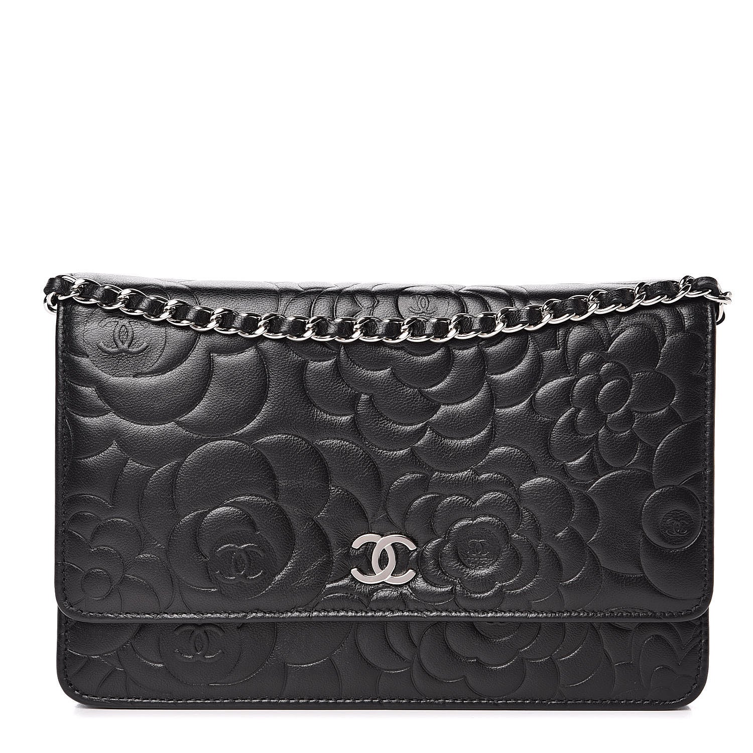 Chanel Lambskin Camellia Embossed Wallet on Chain WOC Black 1 of 15