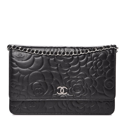 Chanel Lambskin Camellia Embossed Wallet on Chain WOC Black 1 of 15