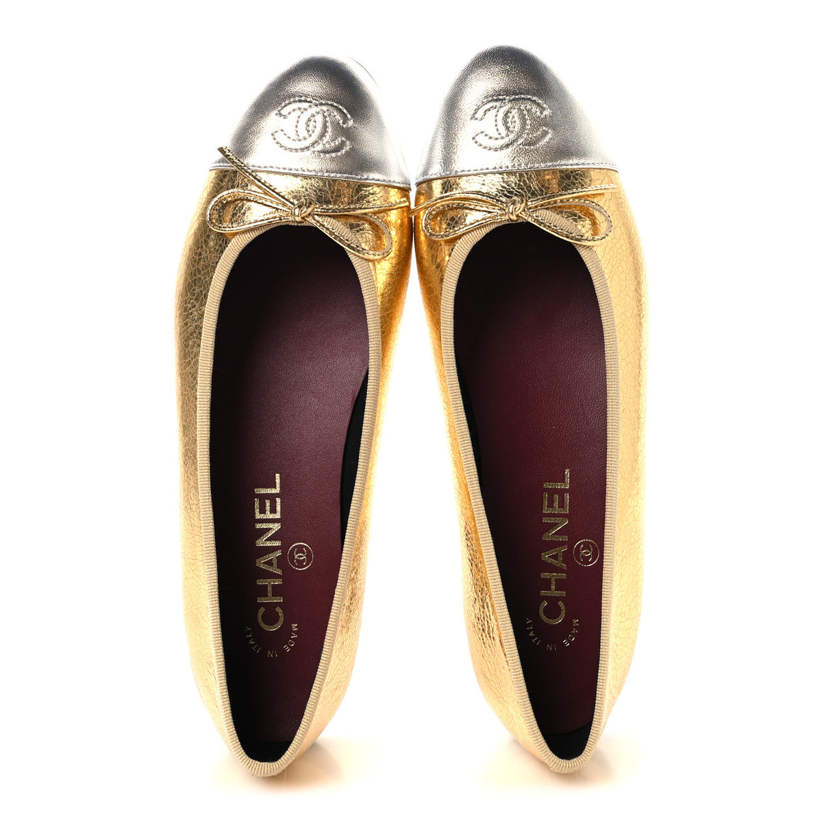 Chanel Metallic Crackled Laminated Calfskin CC Cap Toe Ballerina Flats 37.5 Gold Silver 2 of 10