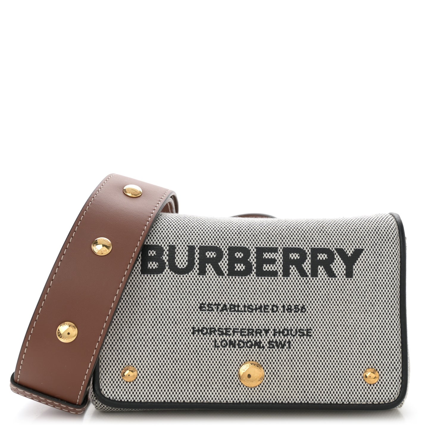 Cotton Canvas Horseferry Print Small Crossbody Bag Grey Tan