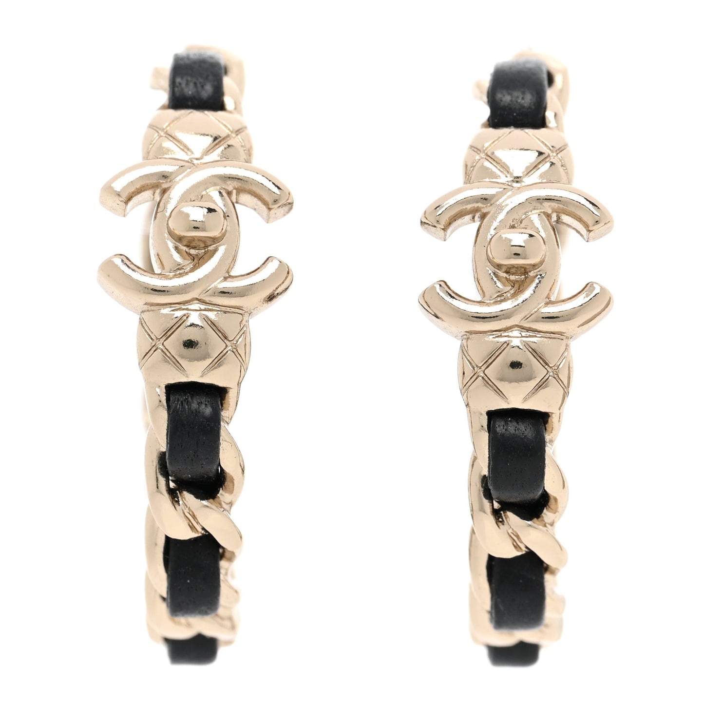 Metal Lambskin Quilted CC Turnlock Chain Hoop Earrings Gold Black