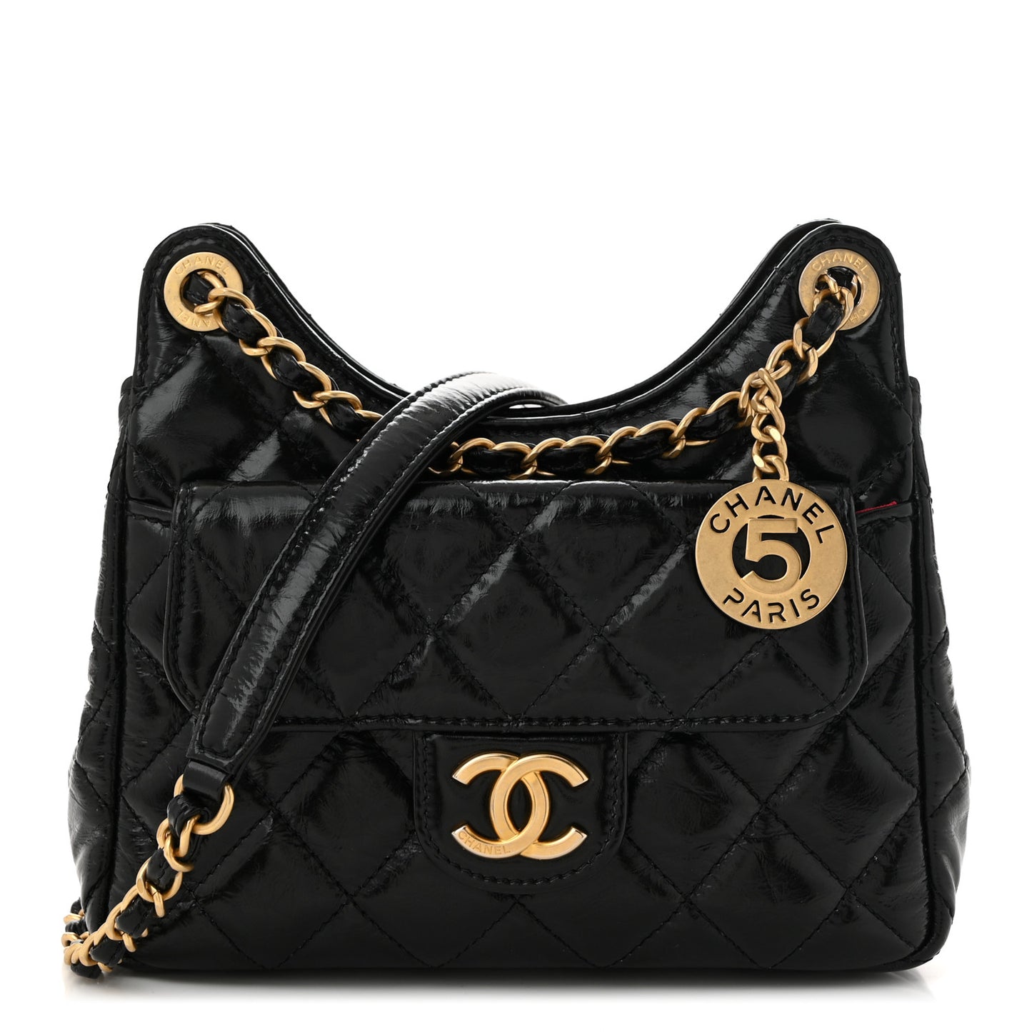Shiny Crumpled Calfskin Quilted Small Wavy CC Hobo Black