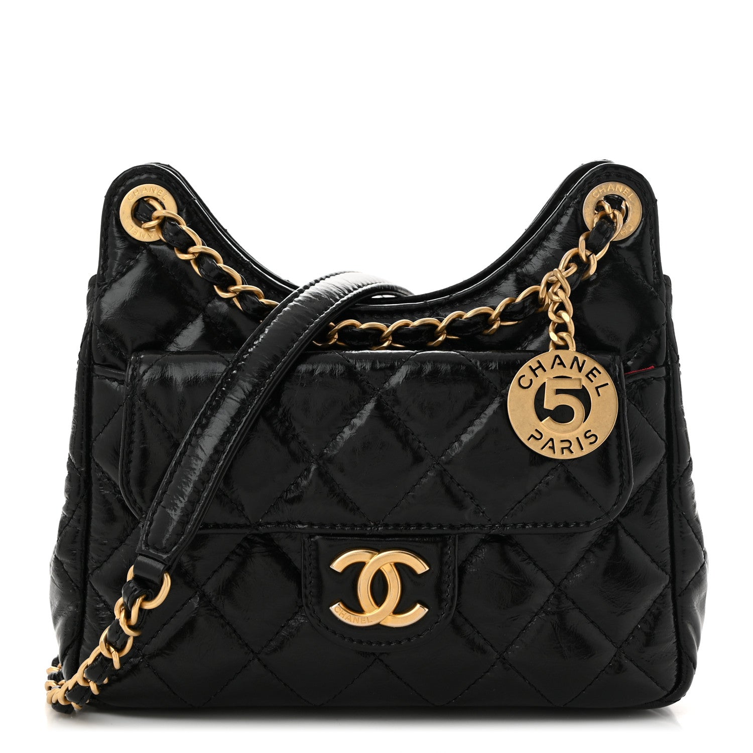 Chanel Shiny Crumpled Calfskin Quilted Small Wavy CC Hobo Black 1 of 10