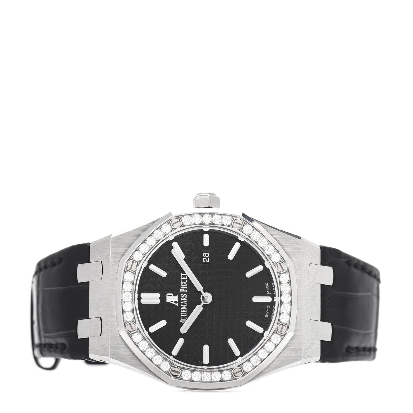 Stainless Steel Alligator Diamond 33mm Royal Oak Quartz Watch Black 67651ST.ZZ.D002CR.01