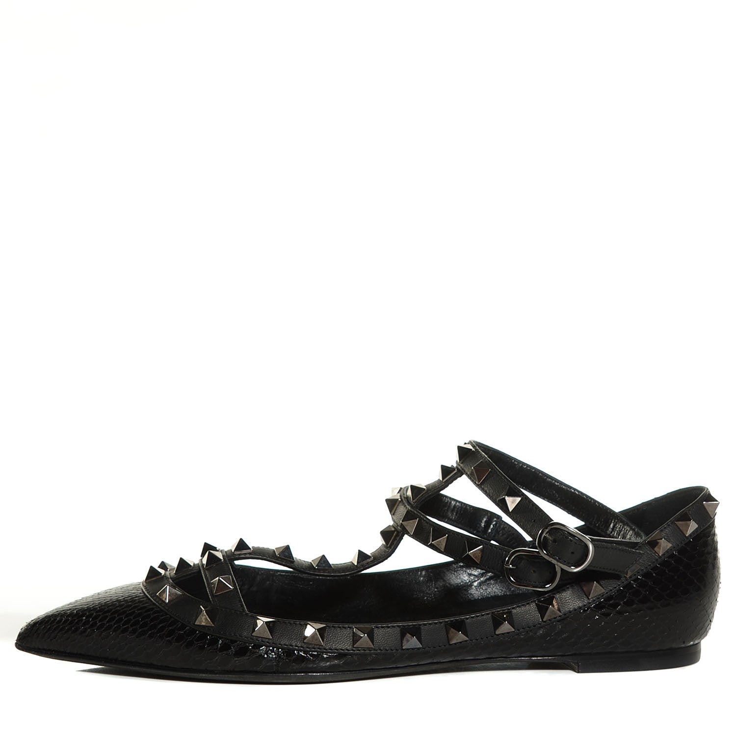 Valentino Garavani Ayers Snakeskin Rockstud Cage Ballerina Flats 38.5 Black 1 of 8