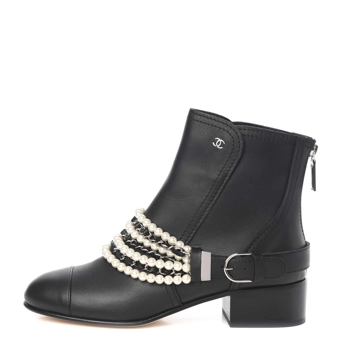 Calfskin Pearl Cap Toe Short Boots 39.5 Black