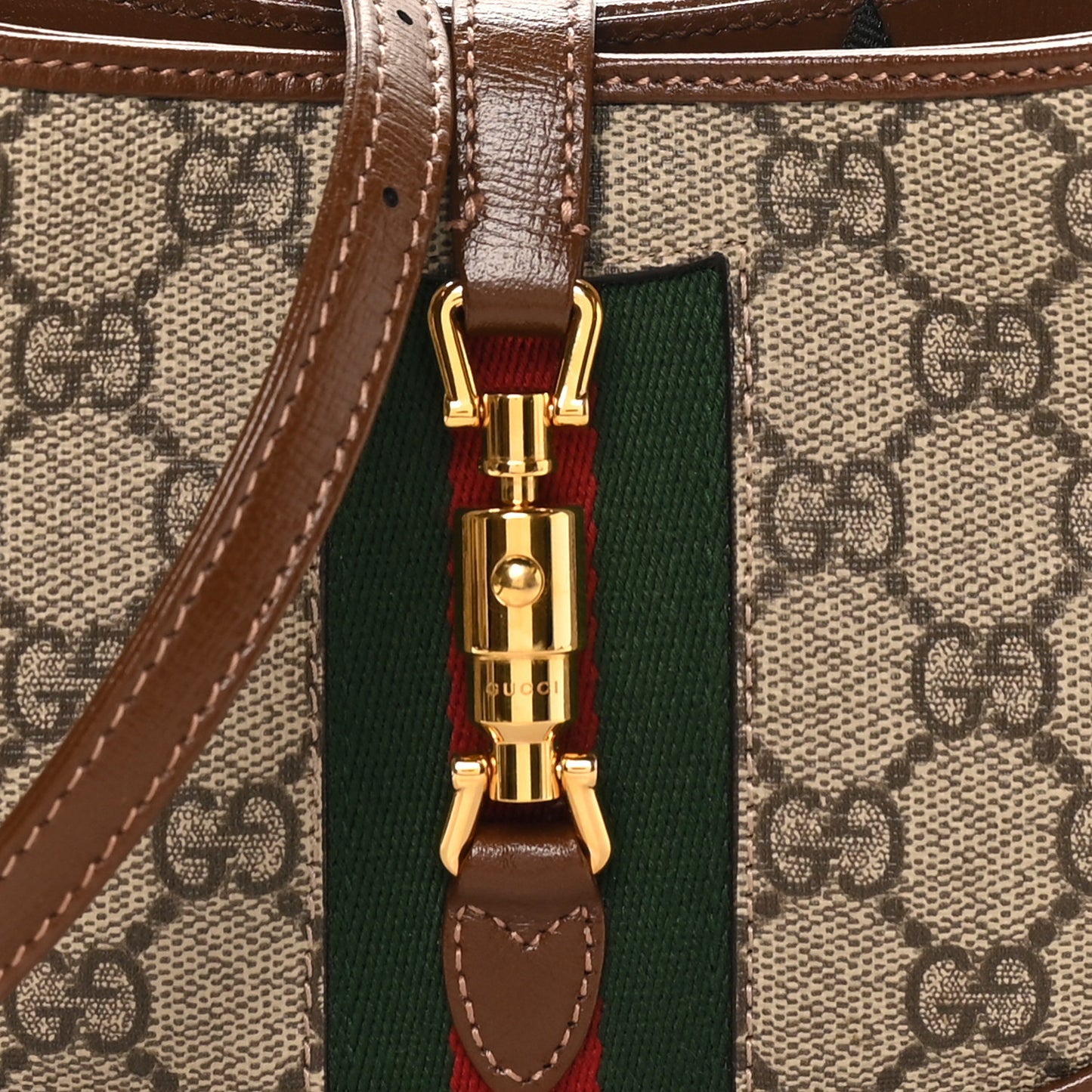GG Supreme Monogram Azalea Calfskin Web Mini Jackie 1961 Hobo Beige Ebony Brown Sugar