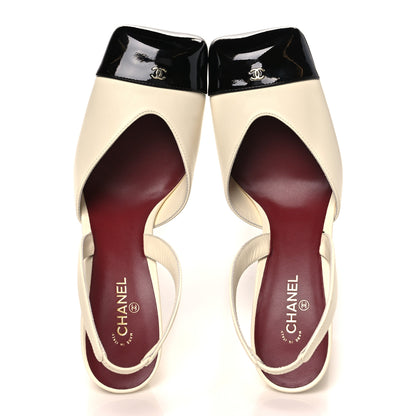 Chanel Lambskin Patent Calfskin Cap Toe CC Slingback Pumps 40 Ivory Black 2 of 10