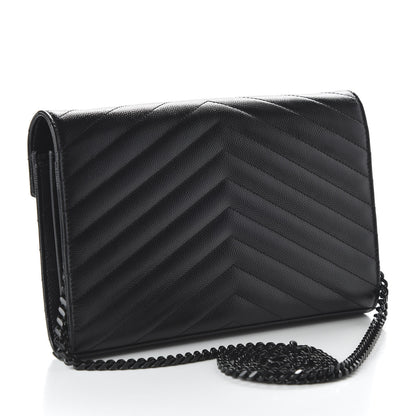 Saint Laurent Grain De Poudre Matelasse Chevron Monogram Chain Wallet Black 3 of 10
