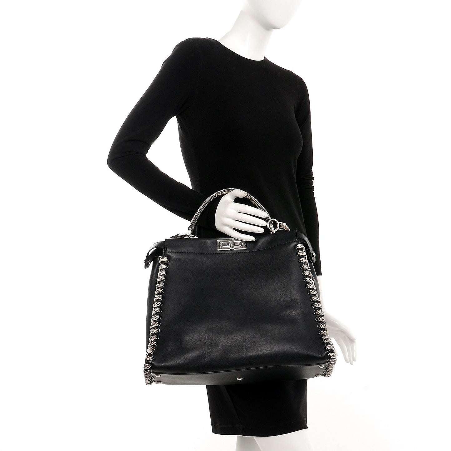 Calfskin Elaphe Lace Up Large Peekaboo Iconic Satchel Black