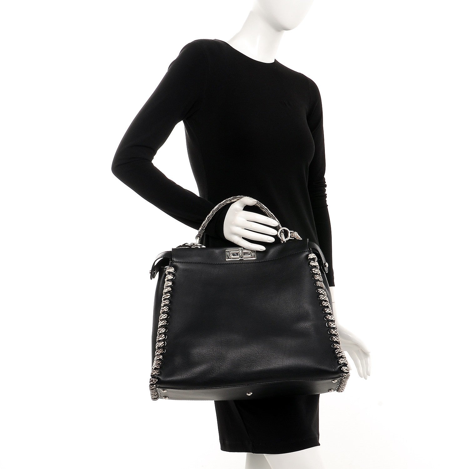 Fendi Calfskin Elaphe Lace Up Large Peekaboo Iconic Satchel Black 3 of 8