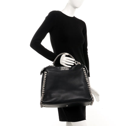 Fendi Calfskin Elaphe Lace Up Large Peekaboo Iconic Satchel Black 3 of 8