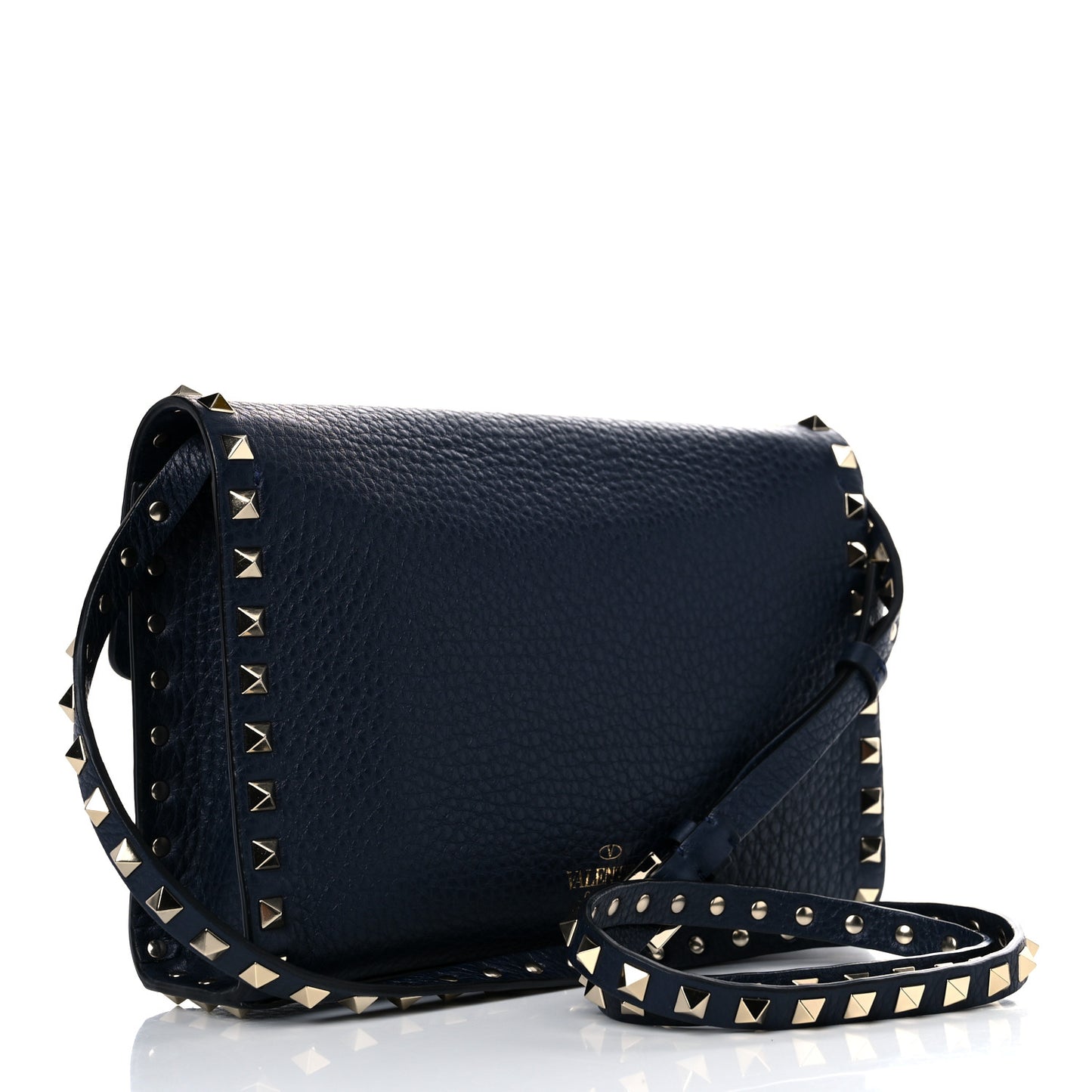 Pebbled Calfskin Medium Rockstud Flip Lock Crossbody Bag Navy