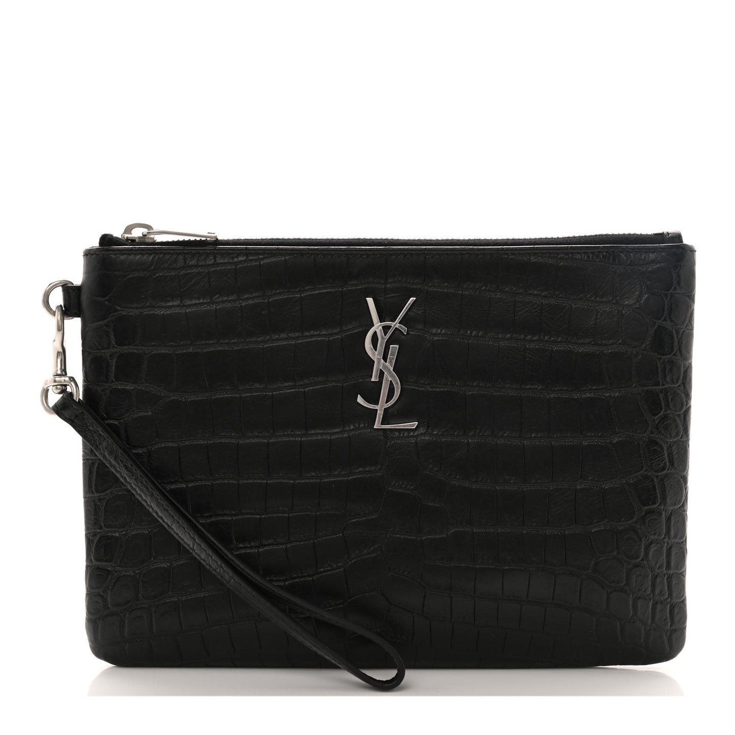 Calfskin Crocodile Embossed Monogram Zip Pouch Black