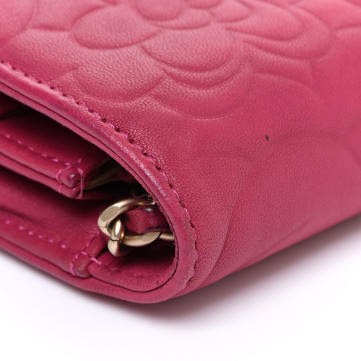 Chanel Lambskin Camellia Embossed Wallet on Chain WOC Fuchsia 11 of 13
