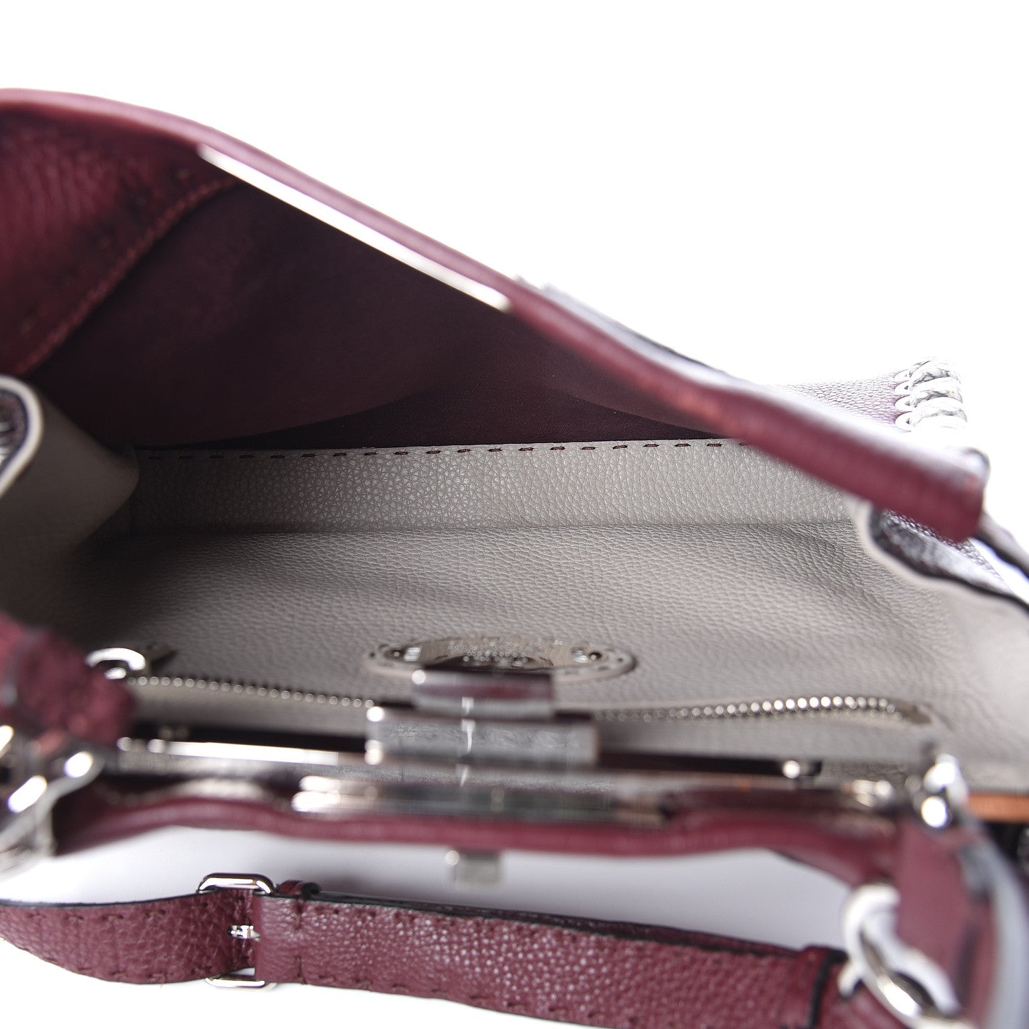 Fendi Cuoio Romano Elaphe Selleria Lace Up Bi-Color Medium Peekaboo Iconic Satchel Bordeaux Grigio Polvere Natural 8 of 15