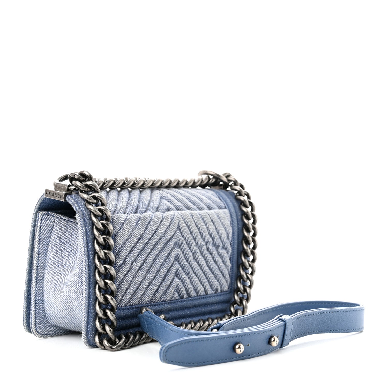 Chanel Denim Chevron Quilted Small Boy Flap Blue 3 of 13