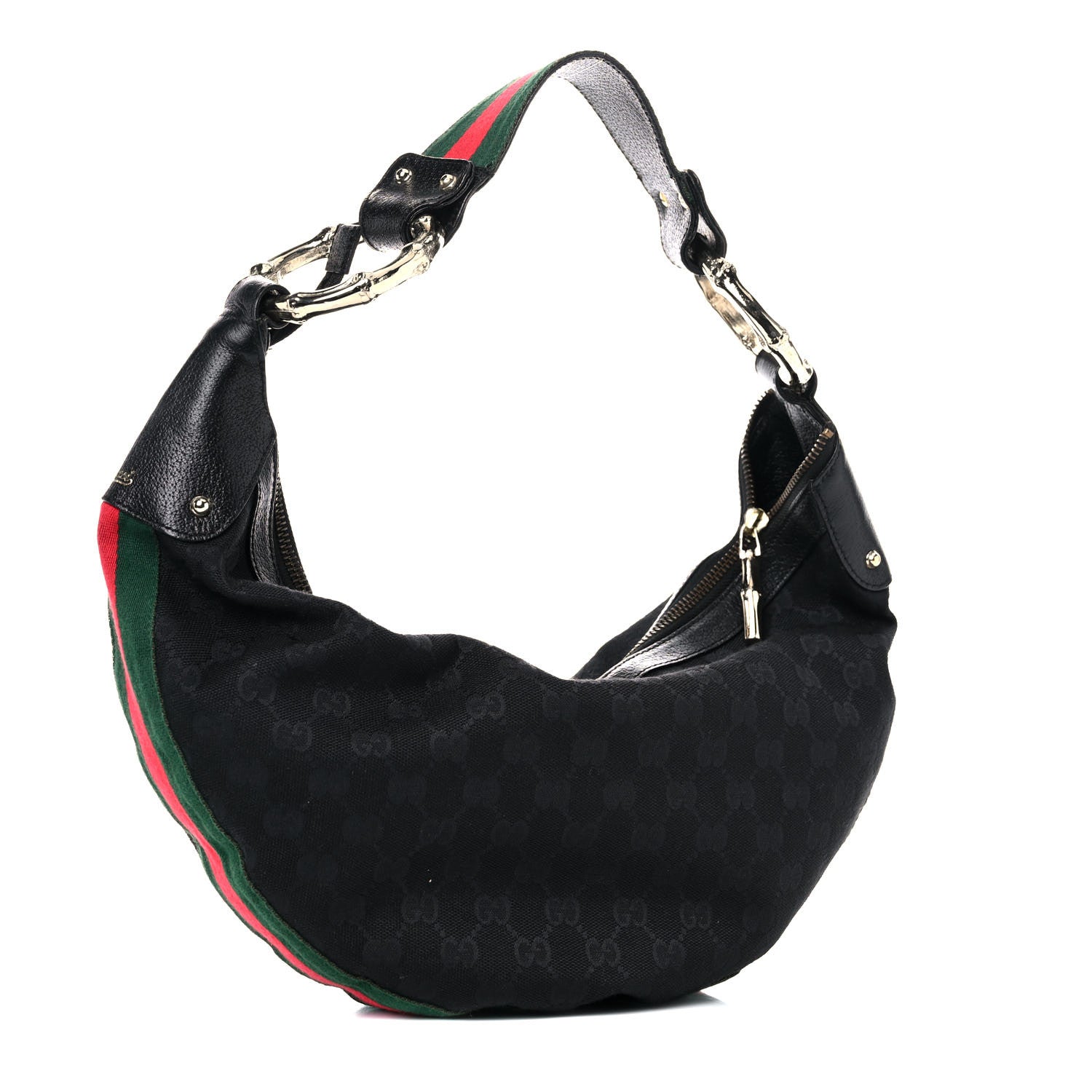 Gucci Monogram Web Bamboo Ring Hobo Black 3 of 18