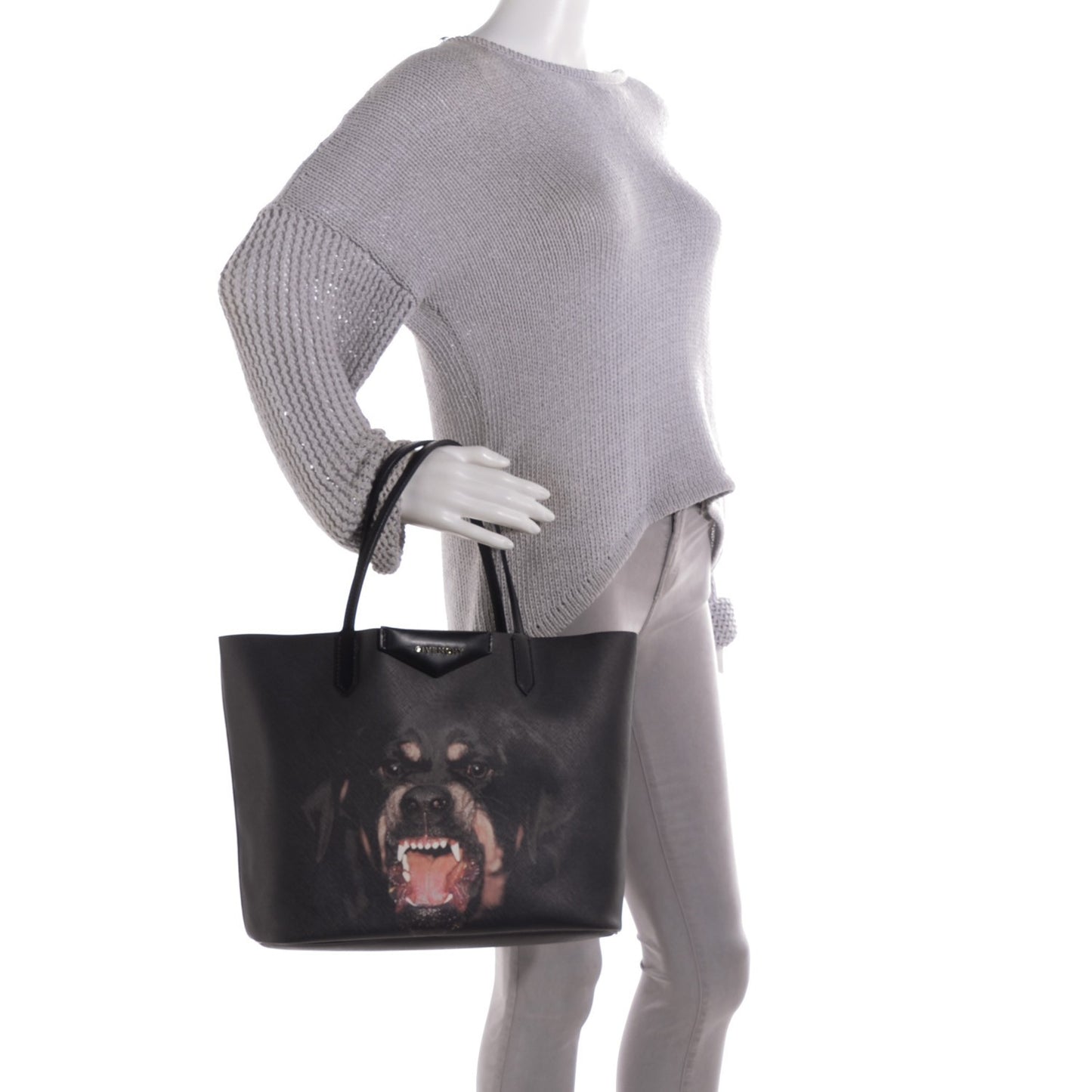 Textured Coated Canvas Rottweiler Print Medium Antigona Tote Black