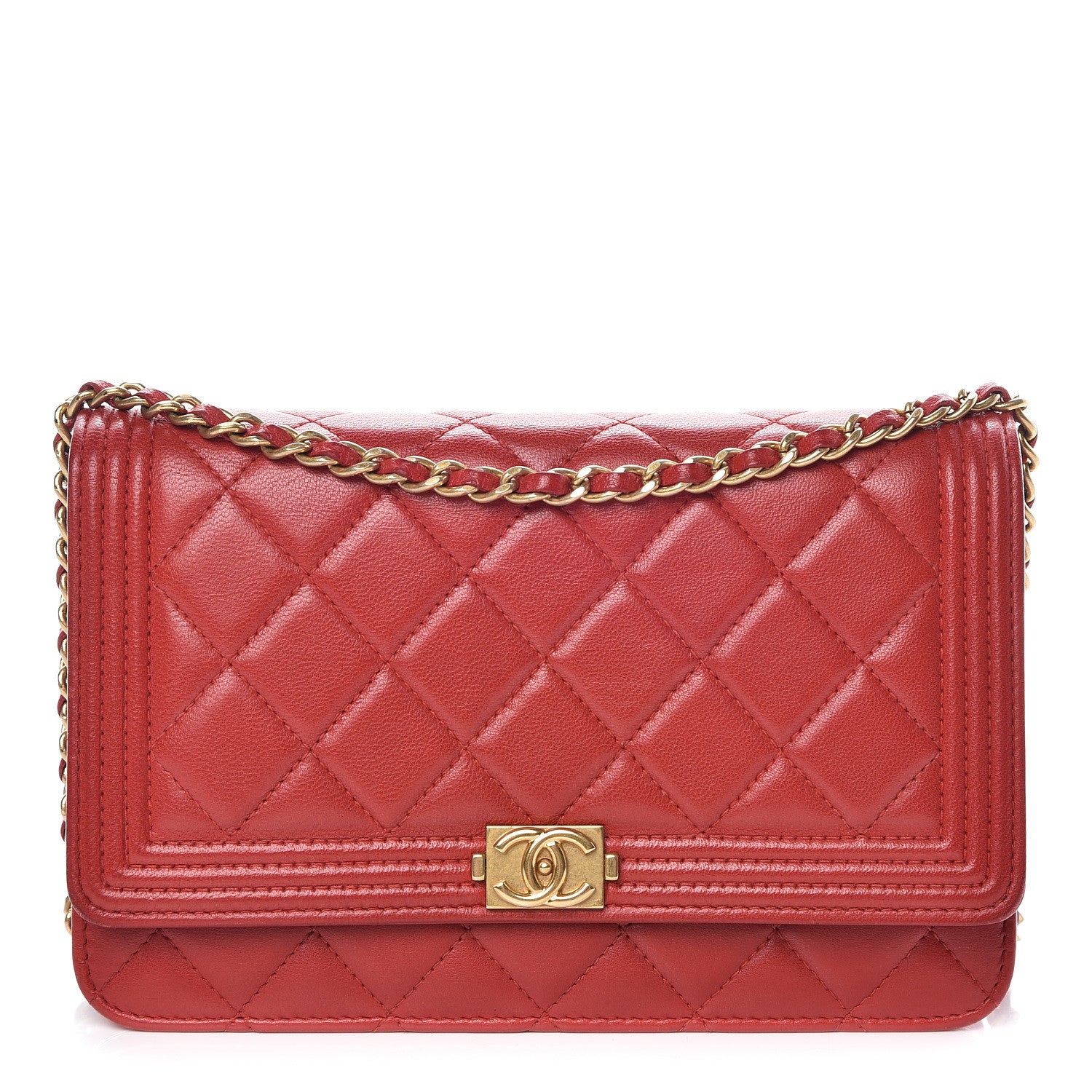Chanel Lambskin Quilted Boy Wallet On Chain WOC Red 1 of 18