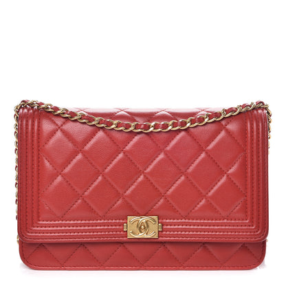 Chanel Lambskin Quilted Boy Wallet On Chain WOC Red 1 of 18