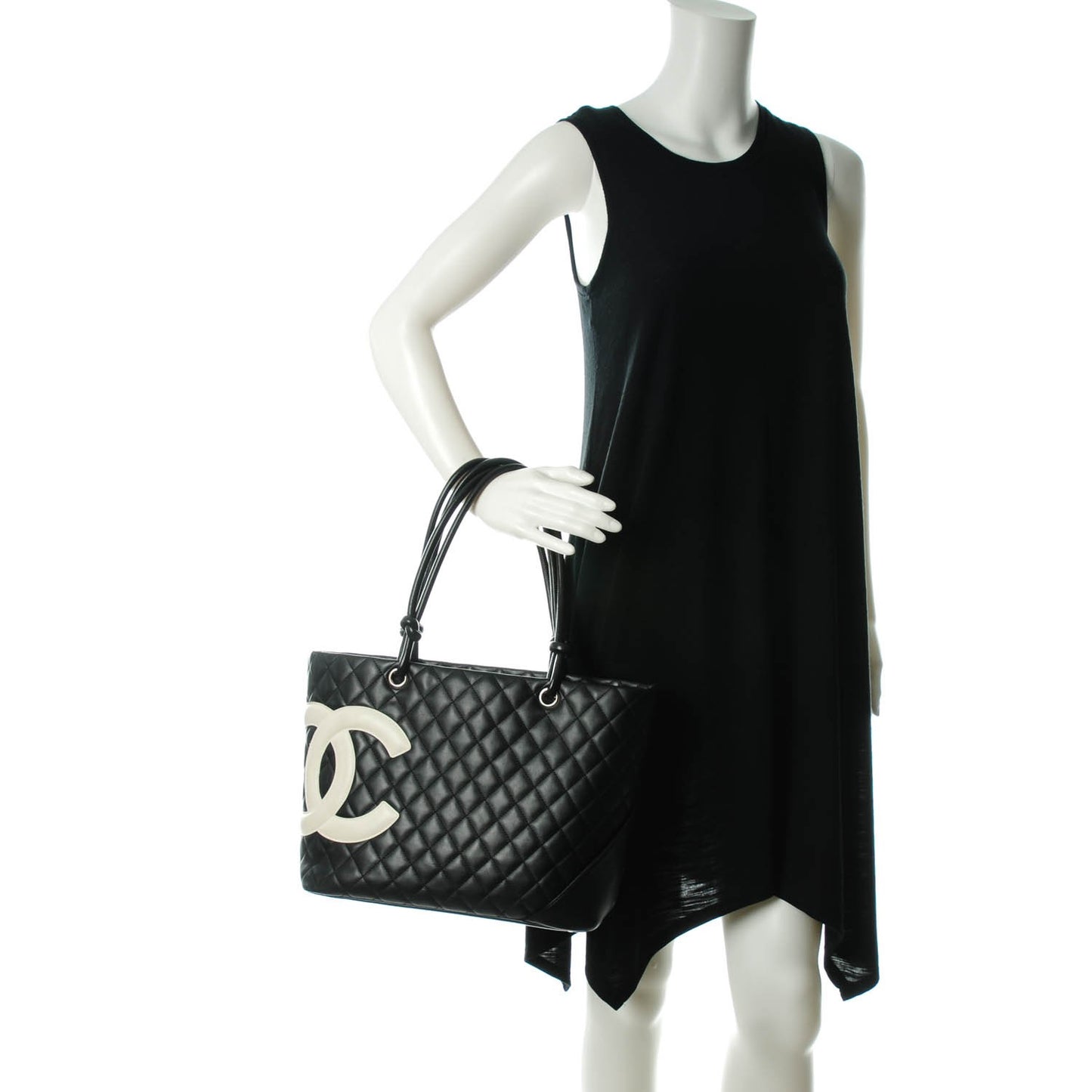 Calfskin Quilted Large Cambon Tote Black White