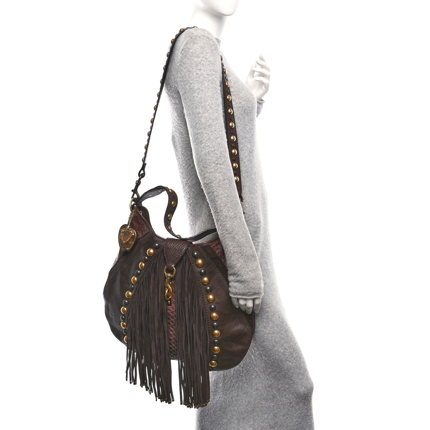 Gucci Suede Snakeskin Fringe Babouska Hobo Brown 2 of 10
