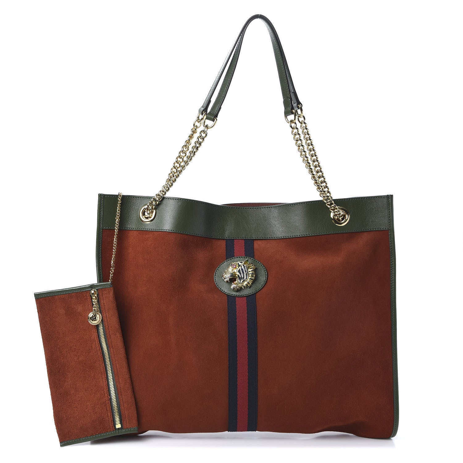 Gucci Suede Calfskin Large Rajah Chain Tote Hibiscus Red Green 1 of 10