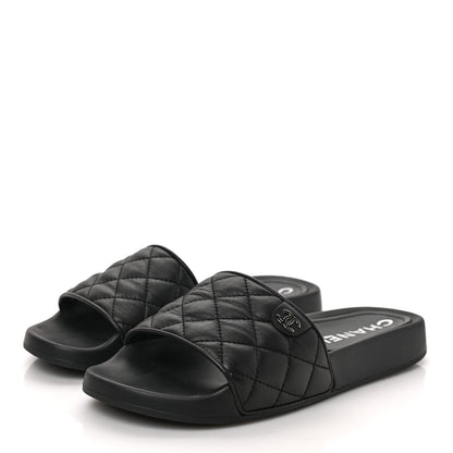 Chanel Lambskin Quilted CC Mules Sandals 37 Black 3 of 9