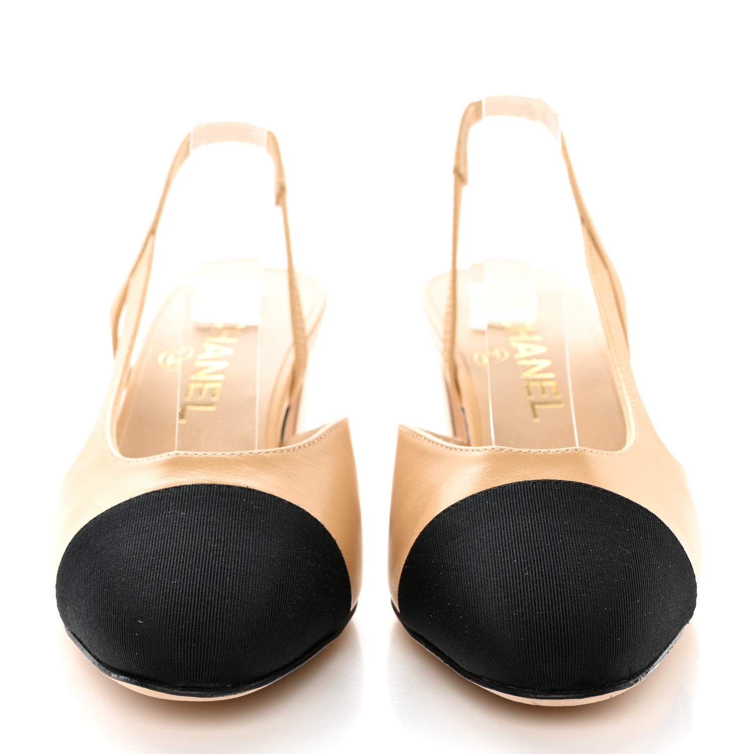 Chanel Goatskin Grosgrain Cap Toe CC Slingback Pumps 37 Beige Black 2 of 12