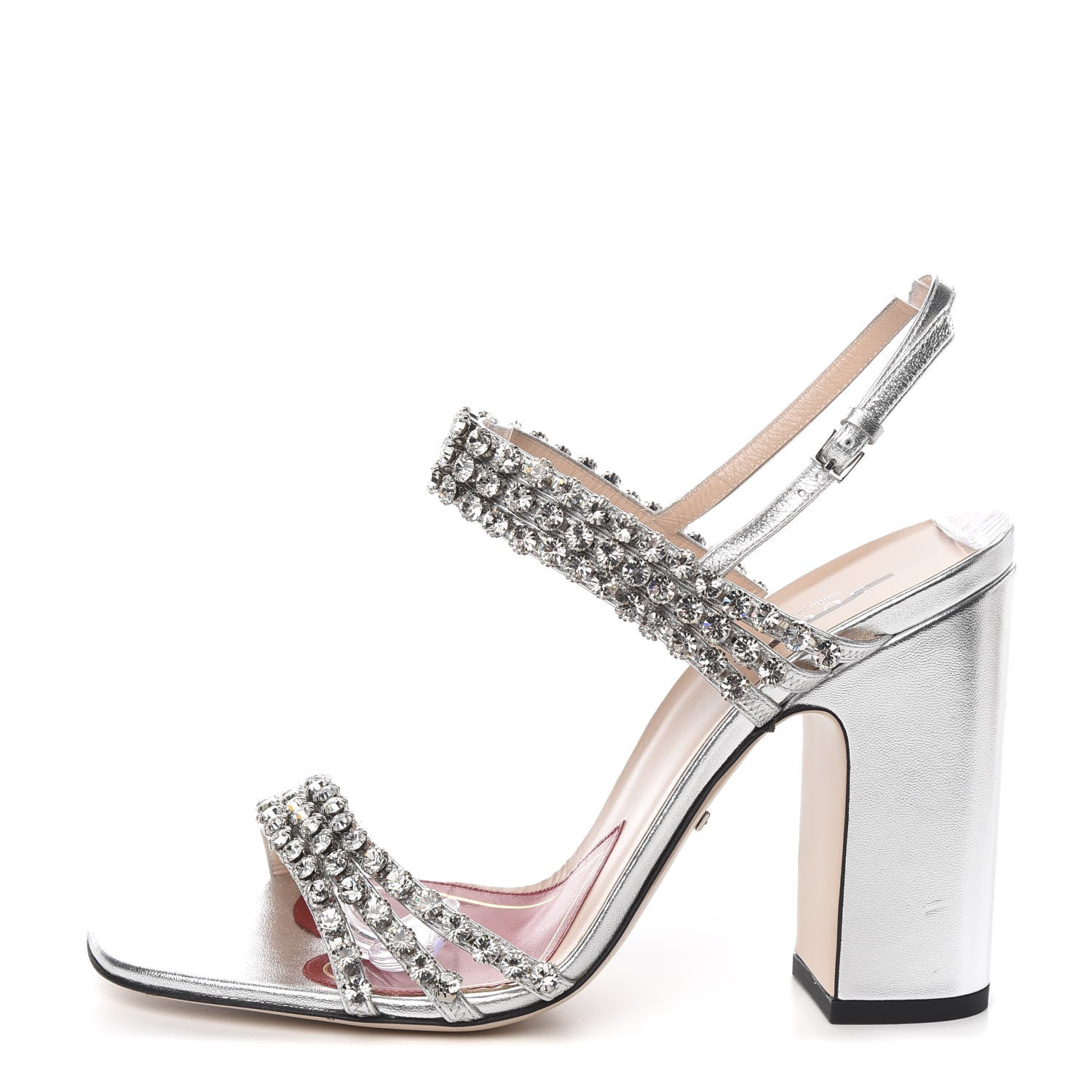 Gucci Nappa Silk Crystal Bertie High Heel Sandals 38.5 Argento 1 of 12