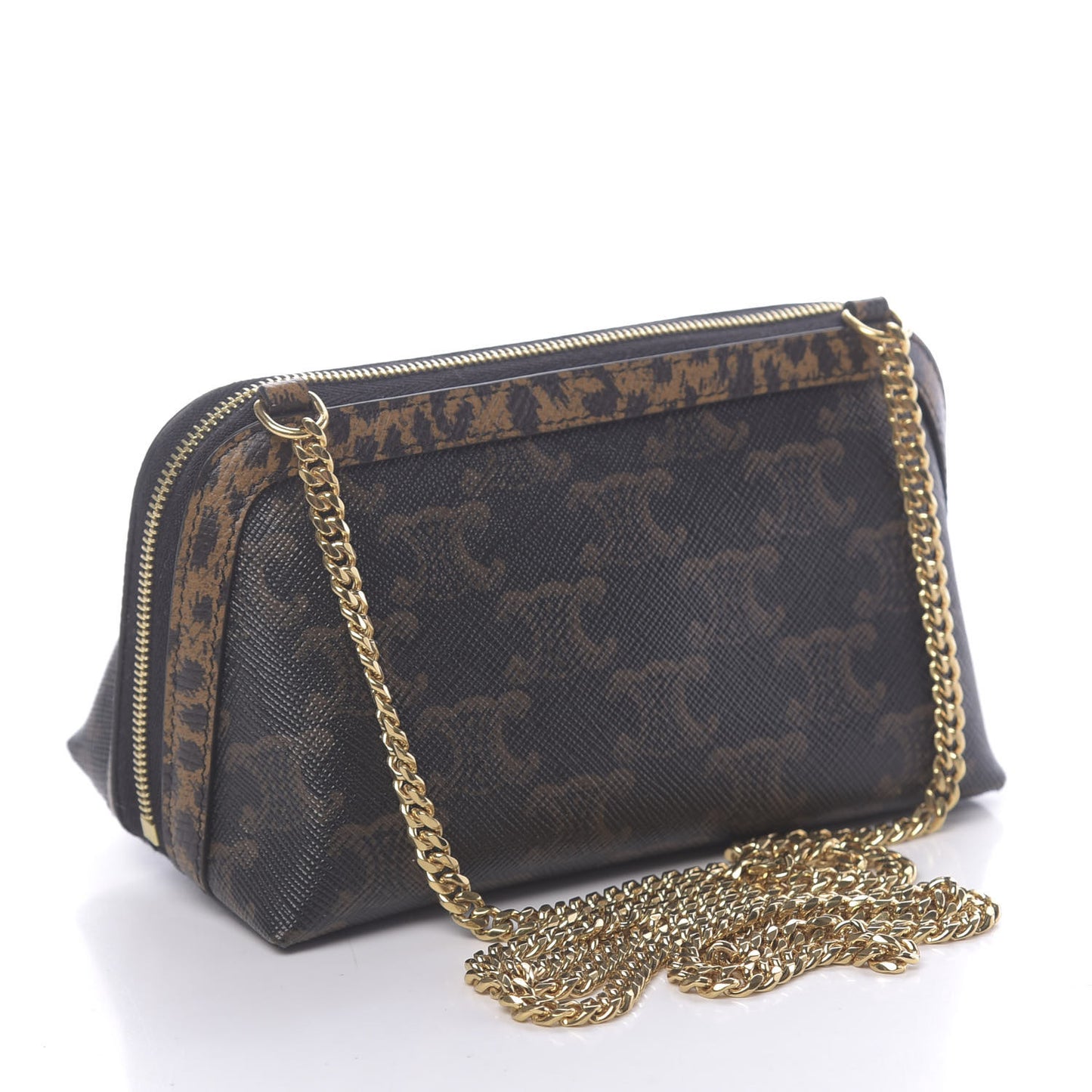 Triomphe Canvas Calfskin Leopard Print Mini Clutch on Chain Black Tan