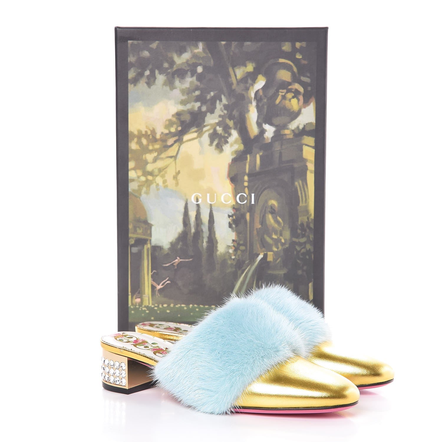 Gucci Mink Nappa Crystal Candy Mules 36.5 Vibrant Turquoise Gold 8 of 8