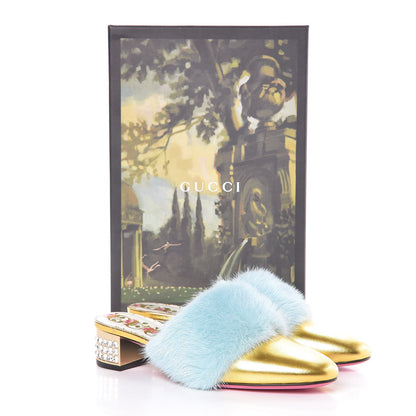 Gucci Mink Nappa Crystal Candy Mules 36.5 Vibrant Turquoise Gold 8 of 8