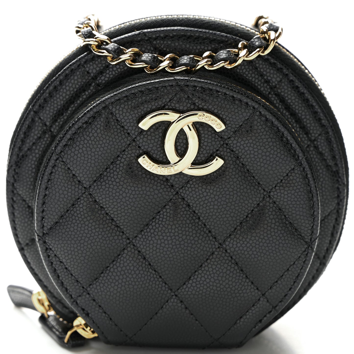 Caviar Quilted Round Coco Clutch With Chain Black