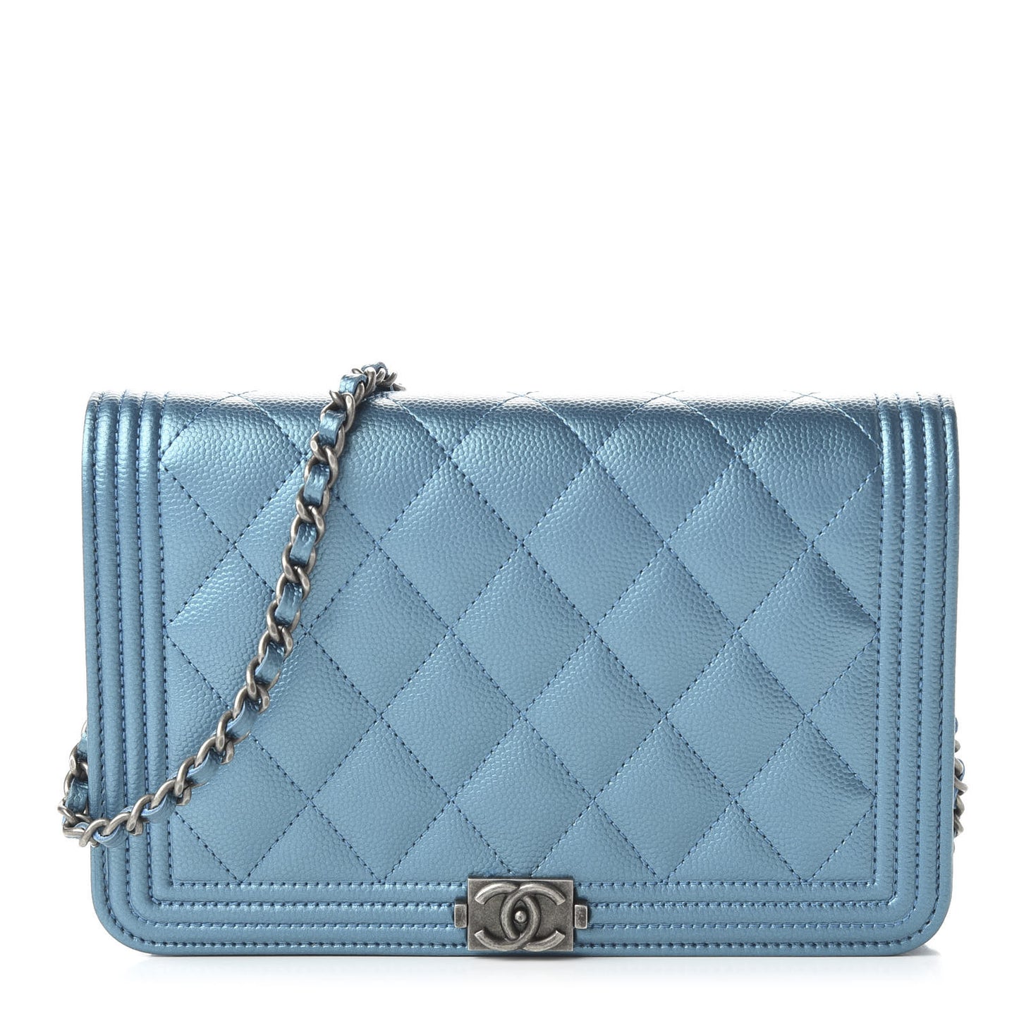 Metallic Caviar Quilted Boy Wallet On Chain WOC Turquoise