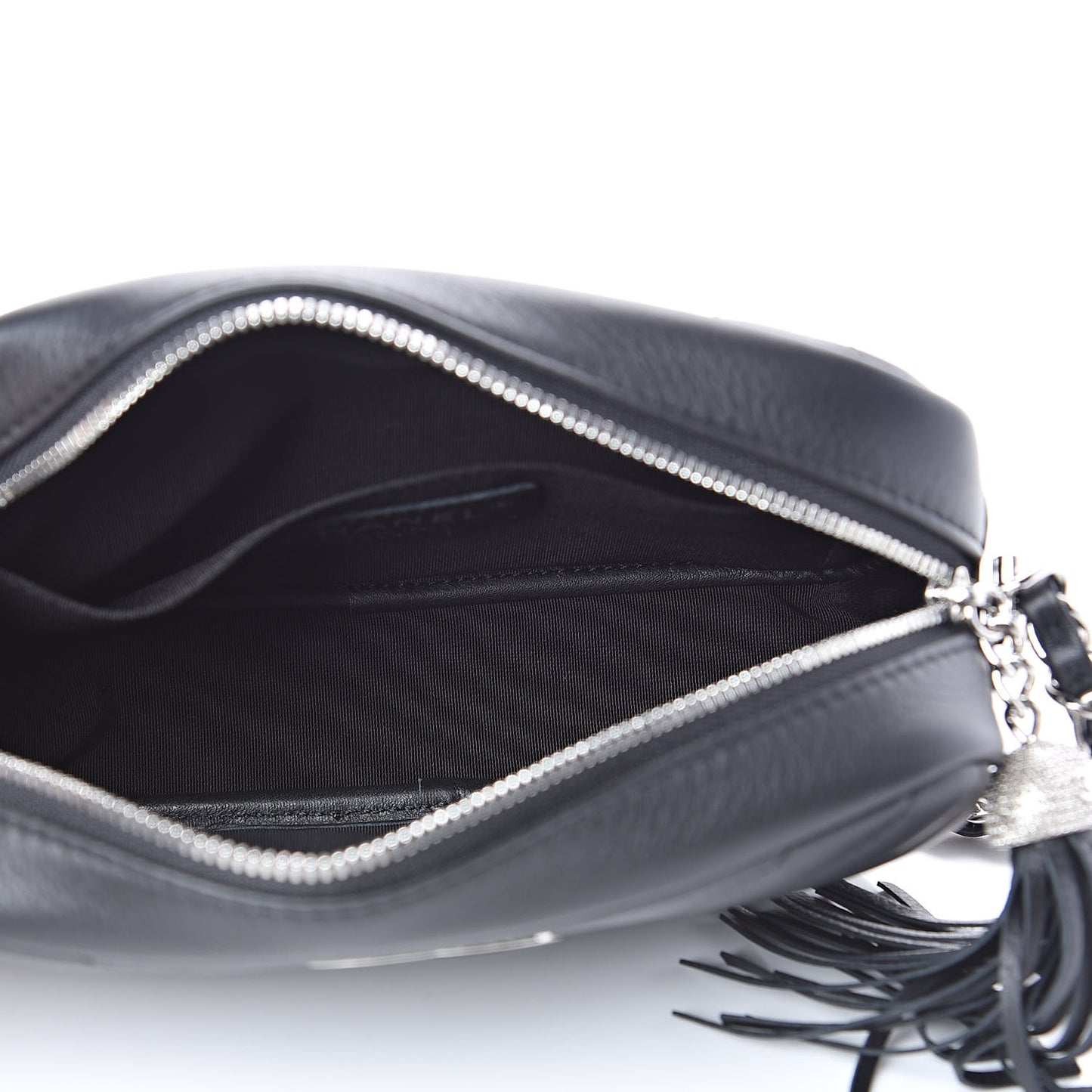 Calfskin Diagonal Chevron Quilted Tassel Camera Case Black