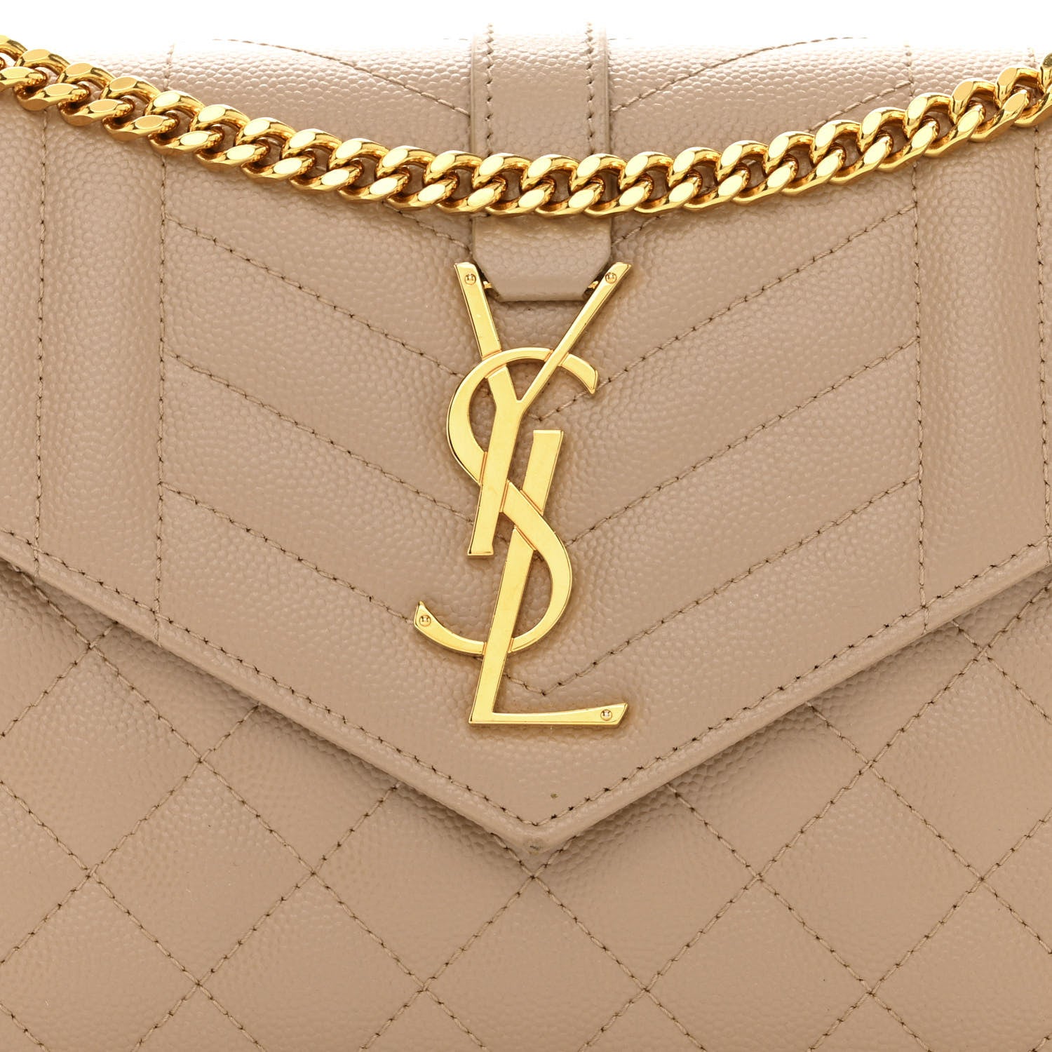 Saint Laurent Grain De Poudre Mixed Matelasse Triquilt Monogram Chain Wallet Dark Beige 7 of 9