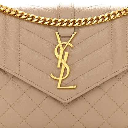 Saint Laurent Grain De Poudre Mixed Matelasse Triquilt Monogram Chain Wallet Dark Beige 7 of 9