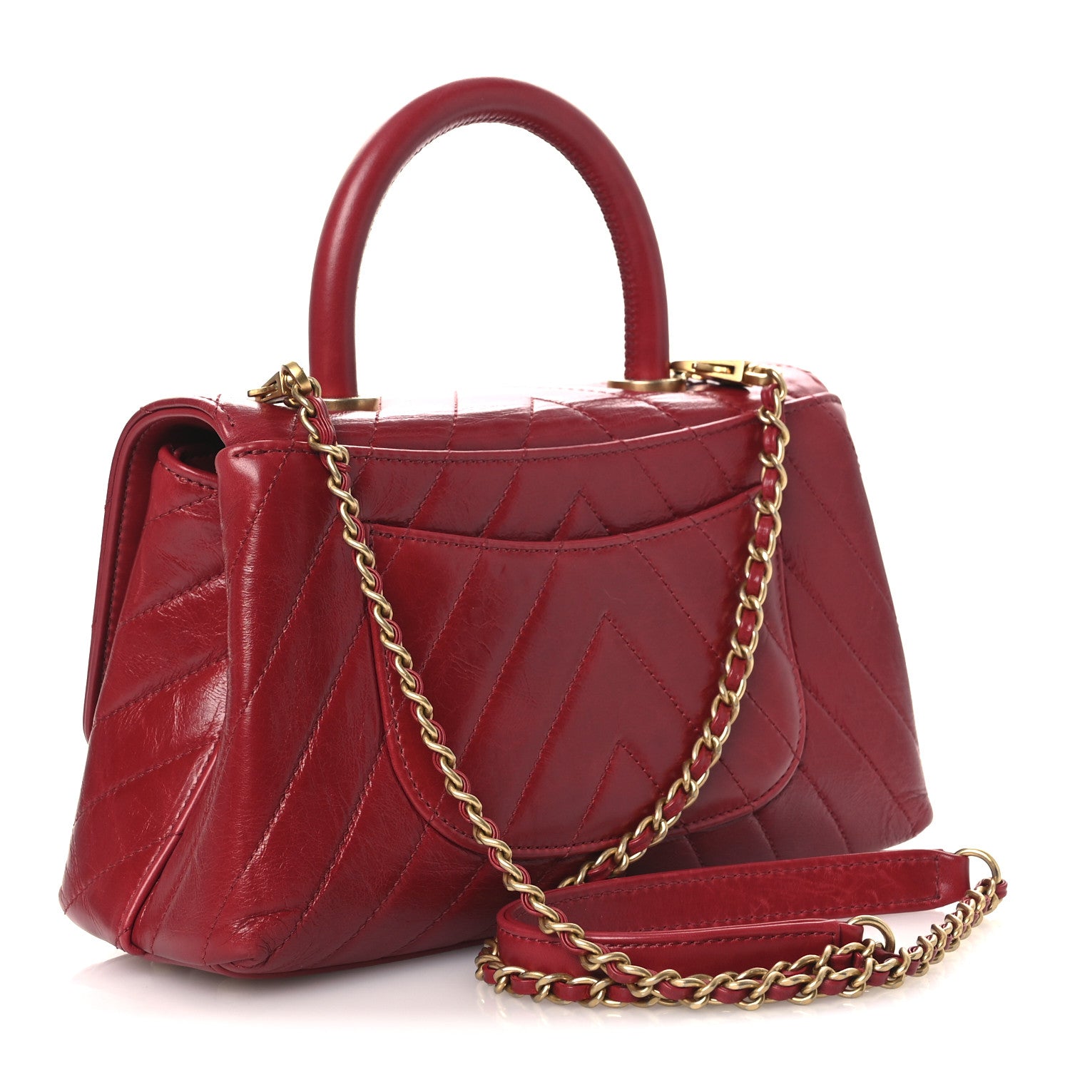 Chanel Aged Calfskin Chevron Quilted Mini Coco Handle Flap Red 3 of 11