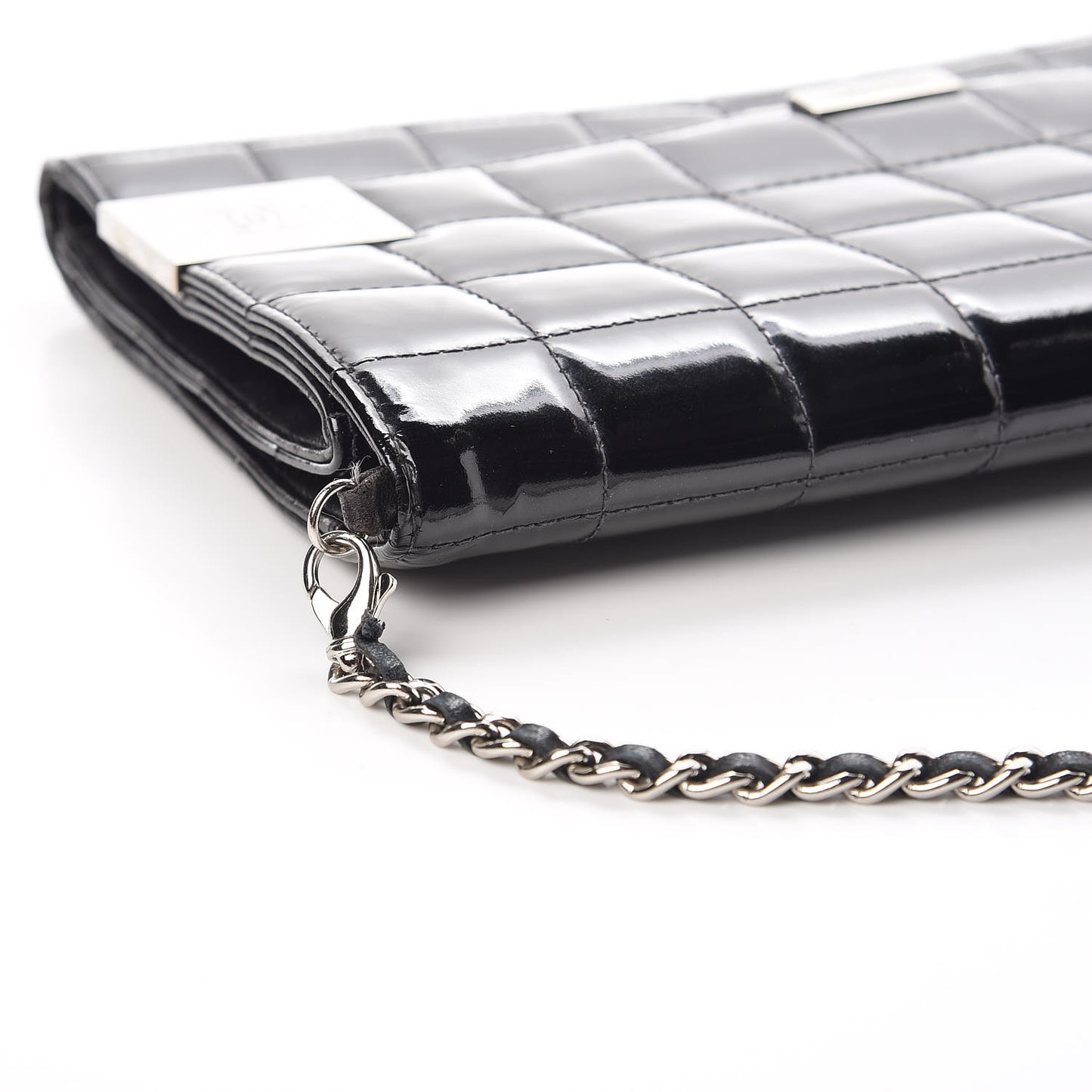 Patent Chocolate Bar Chain Clutch Black
