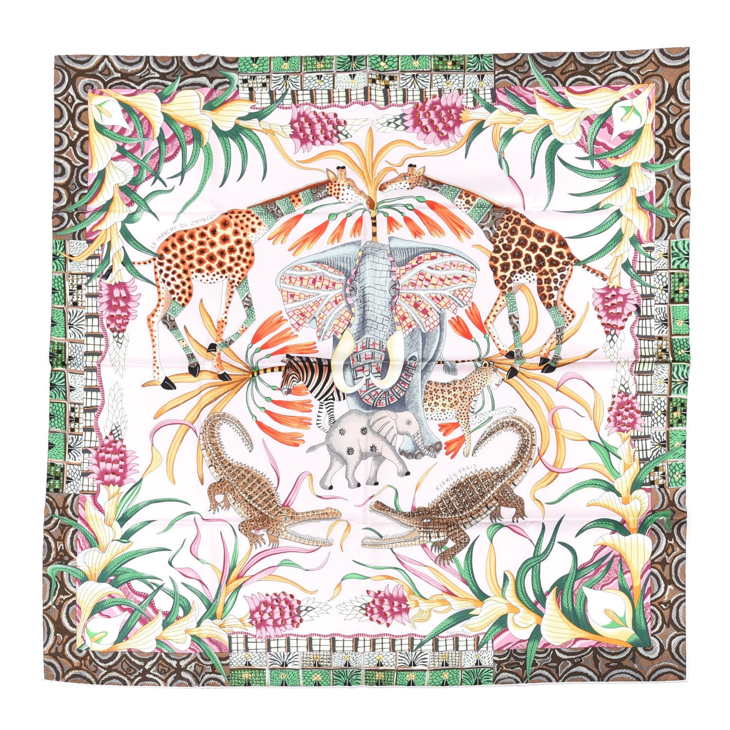 Silk La Marche Du Zambeze Scarf 90 Rose Pale Vert Jaune