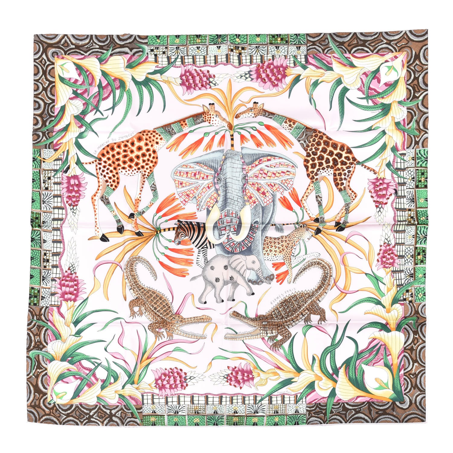 Hermes Silk La Marche Du Zambeze Scarf 90 Rose Pale Vert Jaune 1 of 6