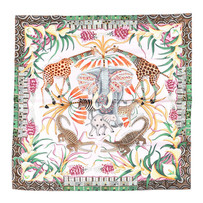 Hermes Silk La Marche Du Zambeze Scarf 90 Rose Pale Vert Jaune 1 of 6